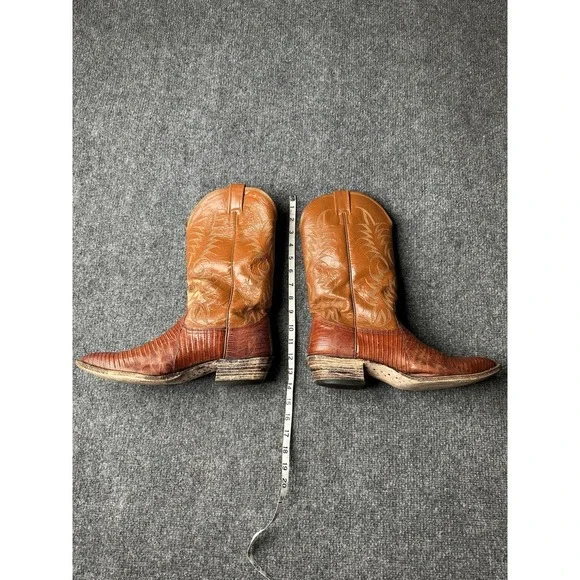 Mens Leather Nocona Brown Lizard Print Cowboy Boots 29060 USA 1970s, Size 9.5E